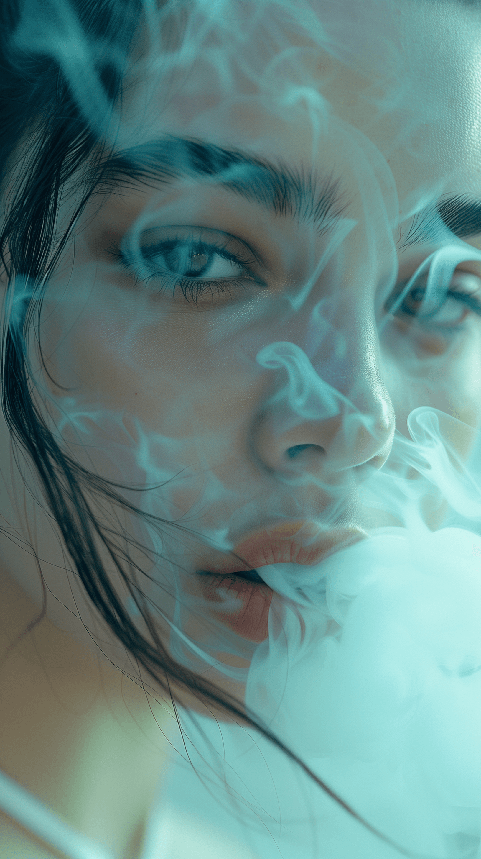 AI generated: close-up of a young woman with pale blue smoke curling from her lips against a stark white backgroun...