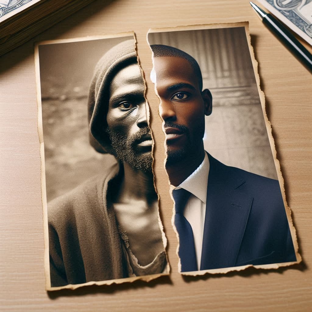 AI generated: A male portrait photograph torn in half. One half shows the man as a beggar, the other half shows th...