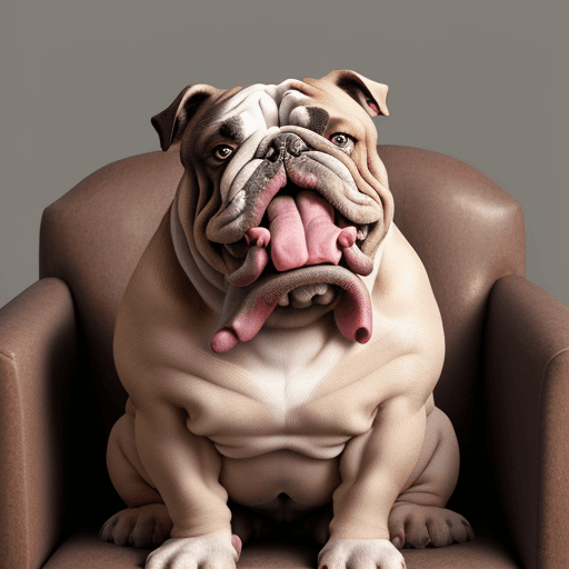 AI generated: A real natural old bulldog, in full seated facing directly to the camara but sad looking , with orig...