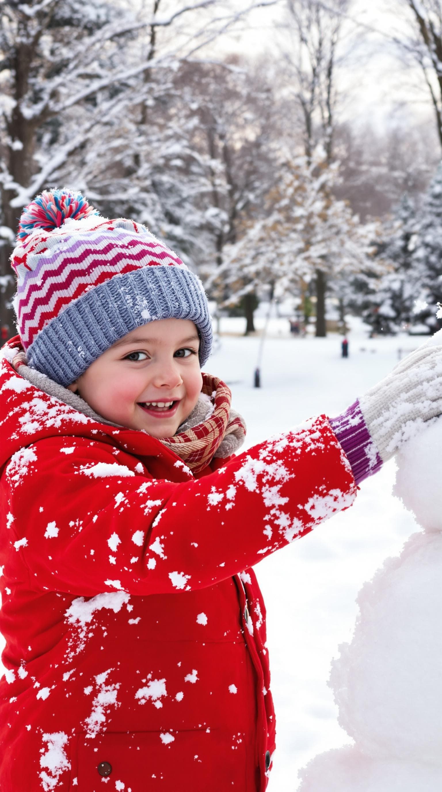 AI generated: A bundled-up 3-year-old realistic boy wearing a red coat, a knitted scarf, and gloves is building a ...