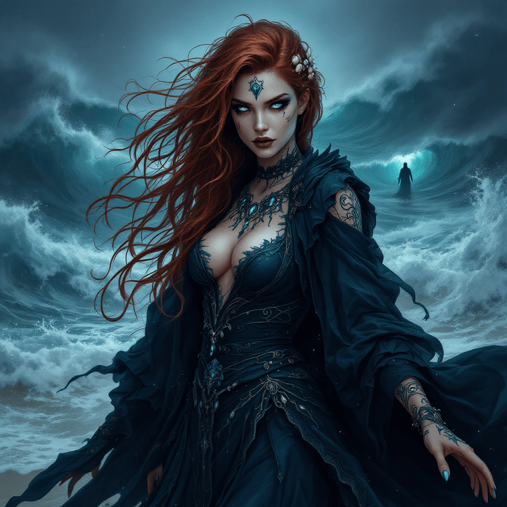AI generated: 9. The Abyssal Tide Caller: A powerful sorceress with long, dark auburn hair that seems to writhe li...