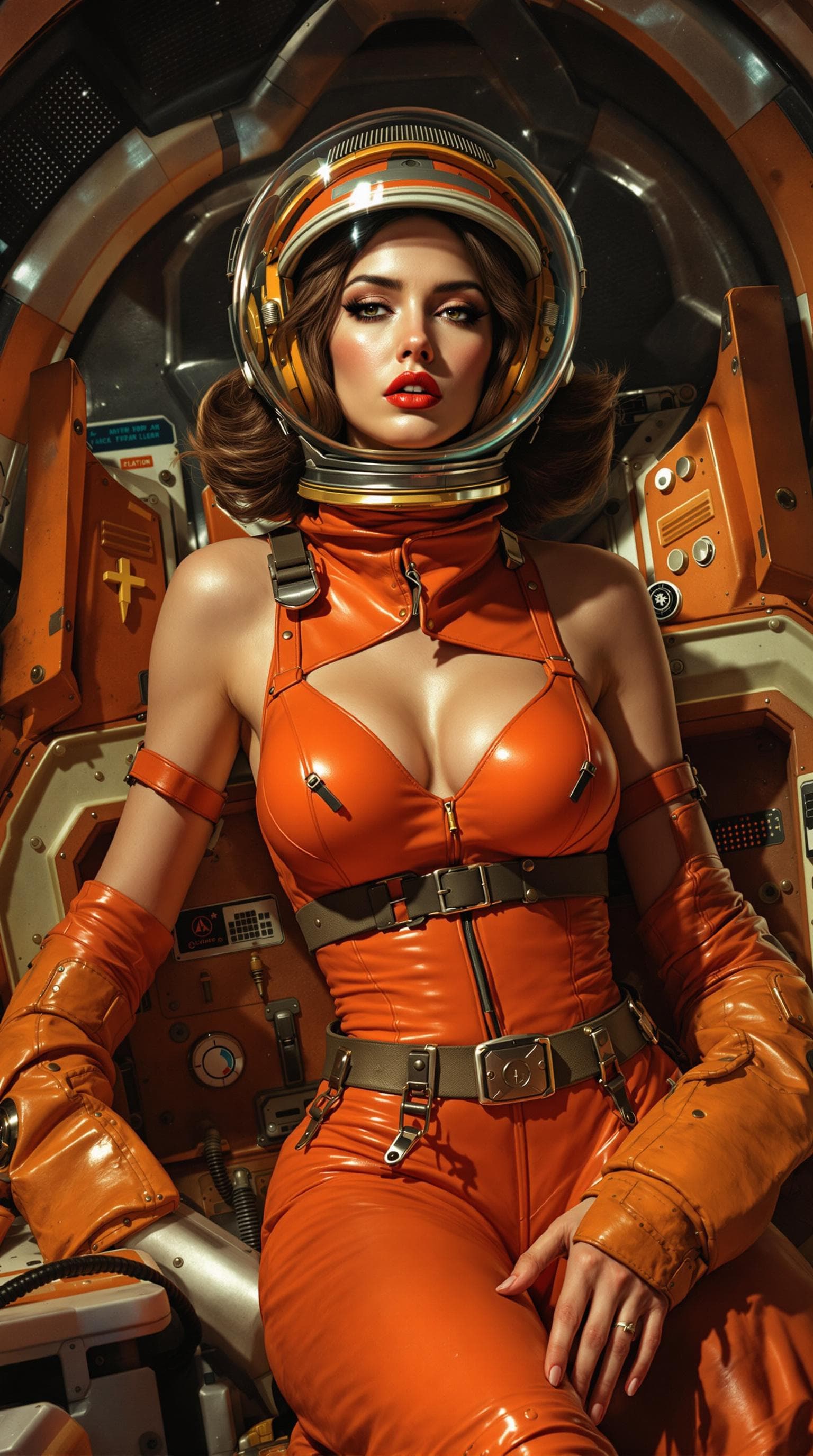 AI generated: Hyper detailed Full body pin up digital photo of Alison Brie as a 1950s space cadet on a Martian spa...