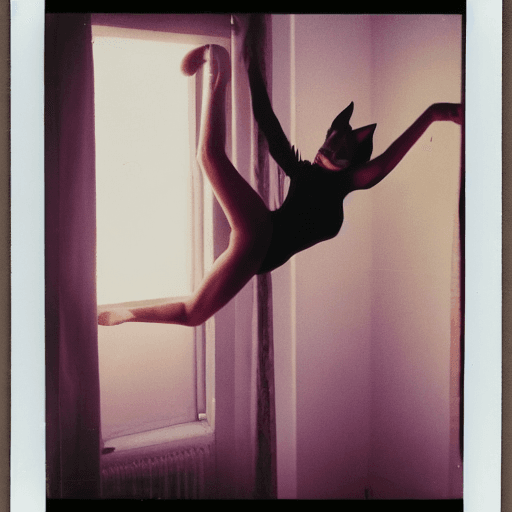 AI generated: photo polaroid, girl with cat ears, nude, acrobatic, leg, sunset, old room, window iced