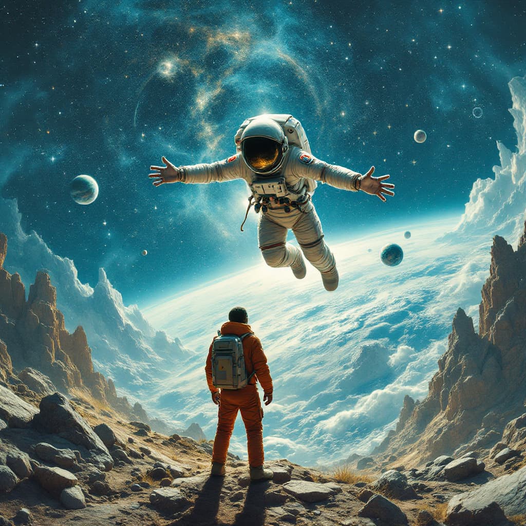 AI generated: wide angle ciematic view of astronut linked to space staation and his link detached with hands tryin...