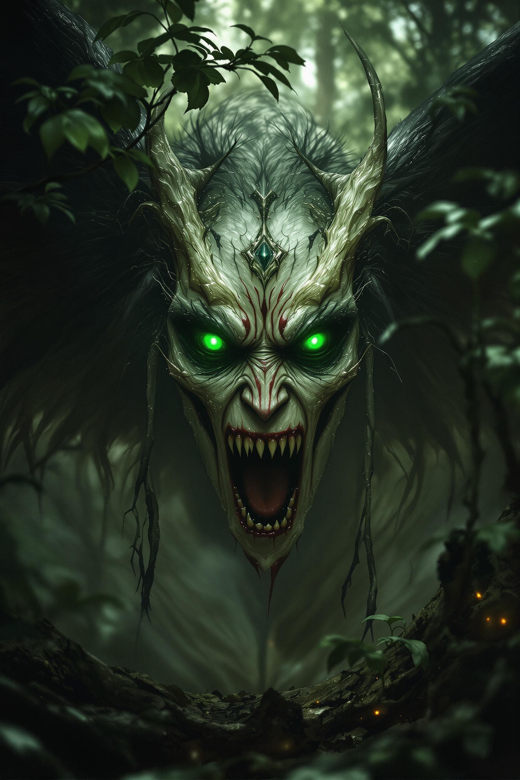 AI generated: Fée maléfique effrayante avec des ailes dans les bois, yeux verts terrifiants, brumeux, démoniaque, ...