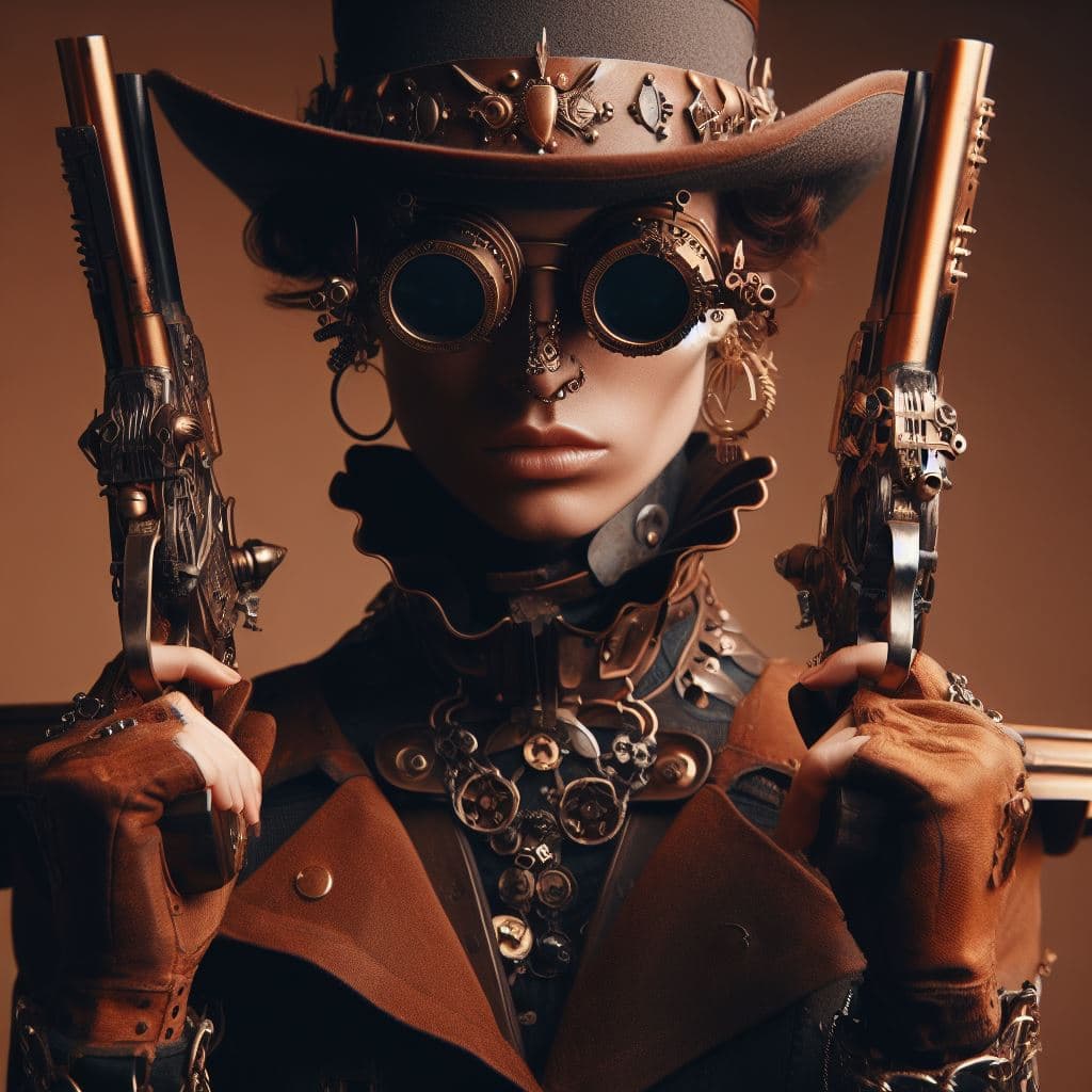 AI generated: this unique and gorgeous model has a steampunk hat and is wearing steampunk jewelry with a full-bodi...