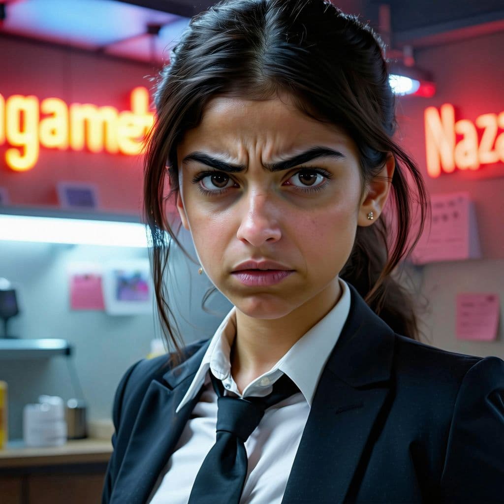 AI generated: a young persian girl in a business suit with a very angry expression, in the style of unreal engine ...