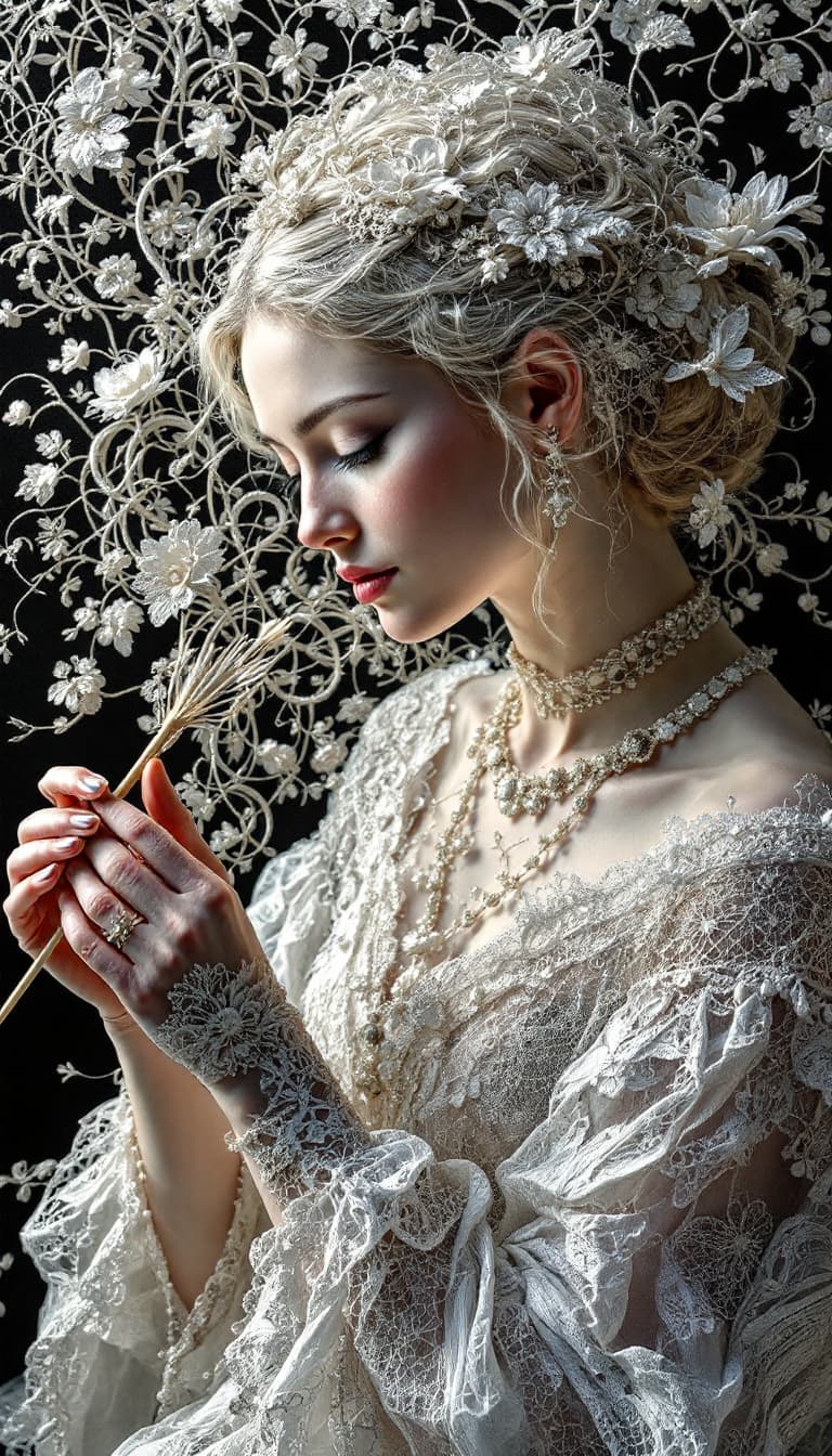 AI generated: Lace Art, Intricate Patterns, Delicate Thread, Ethereal, Woman Holding a Shuttle Weaving, Graceful P...