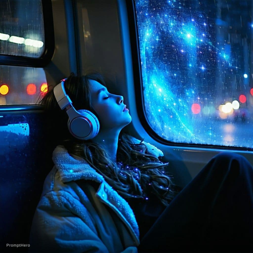 AI generated: girl, headphones, sleeping, in bus, star map outside,  in the style of Pino Daeni,  outside shine,, ...
