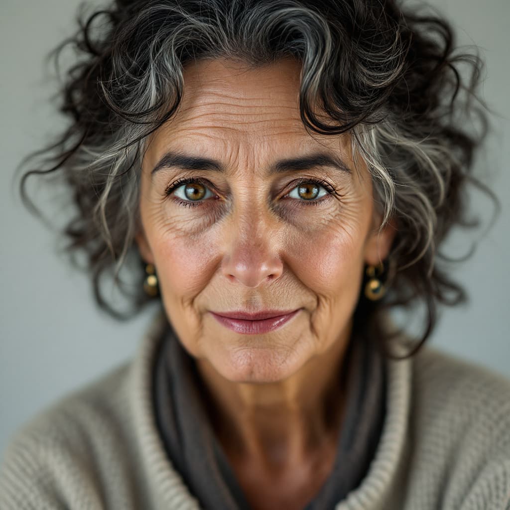 AI generated: Realistic studio photo of a 43 year-old woman, Jewish features mature, Soft wrinkles around the eyes...