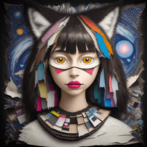 AI generated: Create a hyperrealistic portrait of a girl with a wolf paper cover .recycled paper."Paper teeth, big...