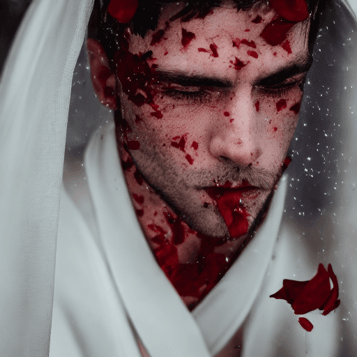 AI generated: Strong male, green eyes, short silver hair, white robe, fov, f/1.8, masterpiece, (veil, mouth veil),...