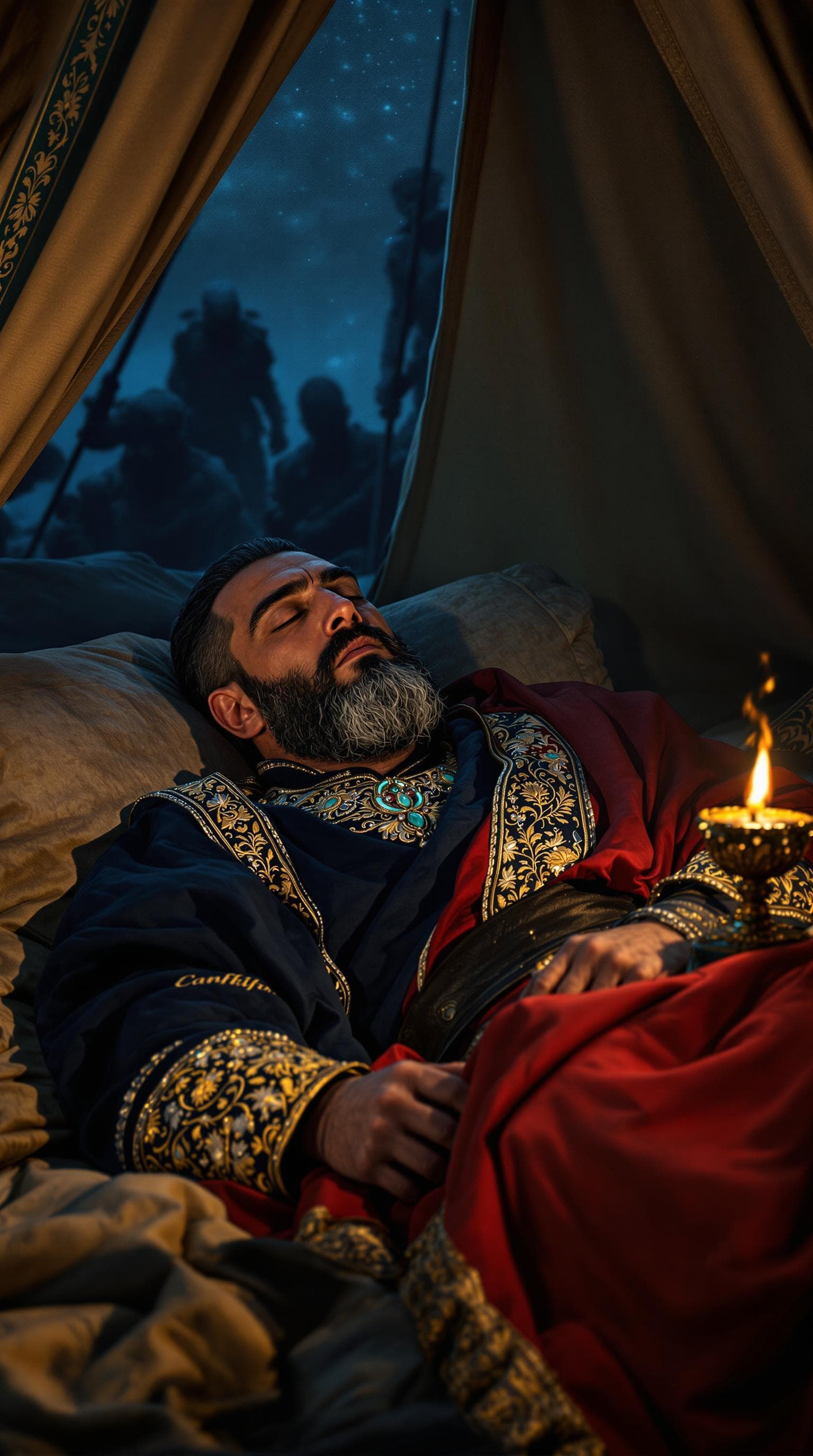 AI generated: Inside the tent, Nader Shah Afshar rests, his battle-worn face partially illuminated by the flickeri...
