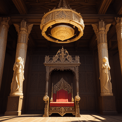 AI generated: An intricately carved kings reception hall, ornate with carved wooden throne, in a medieval fantasy ...