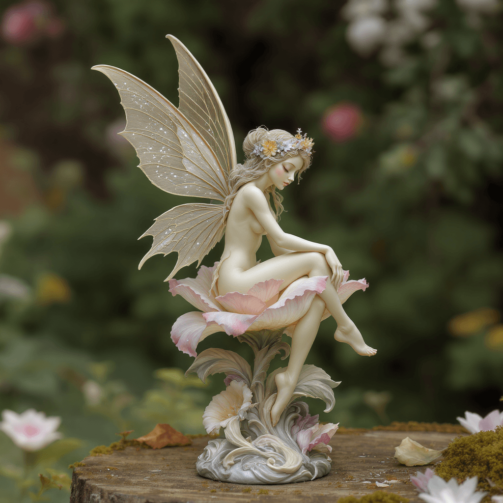 AI generated: Whimsical, Art Nouveau-inspired sculpture of a fairy perched on a blooming flower, photorealistic, h...