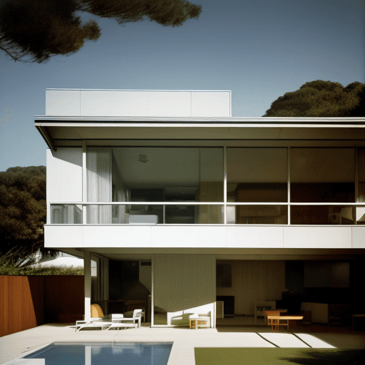 AI generated: Hyper realistic eye level exterior photo of a mid century modern style house overlooking the ocean, ...