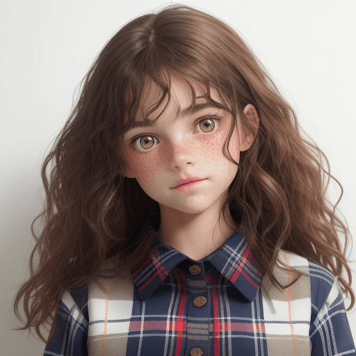 AI generated: An image of a girl standing straight on, head turned slightly to her left, looking directly into the...