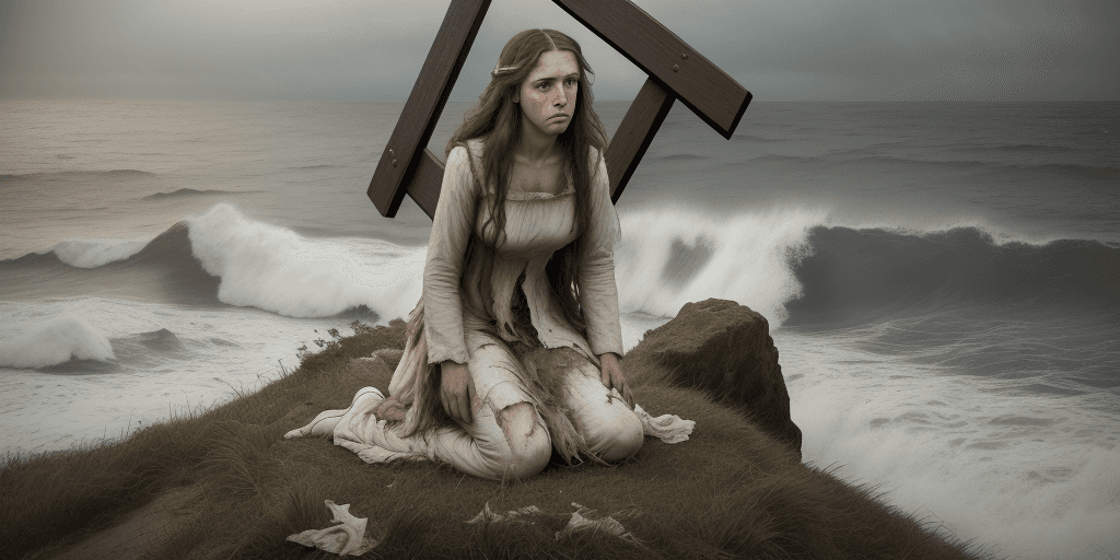 AI generated: extreme long shot, realistic vintage photography, a female dressed like Jesus Christ, torn clothes, ...