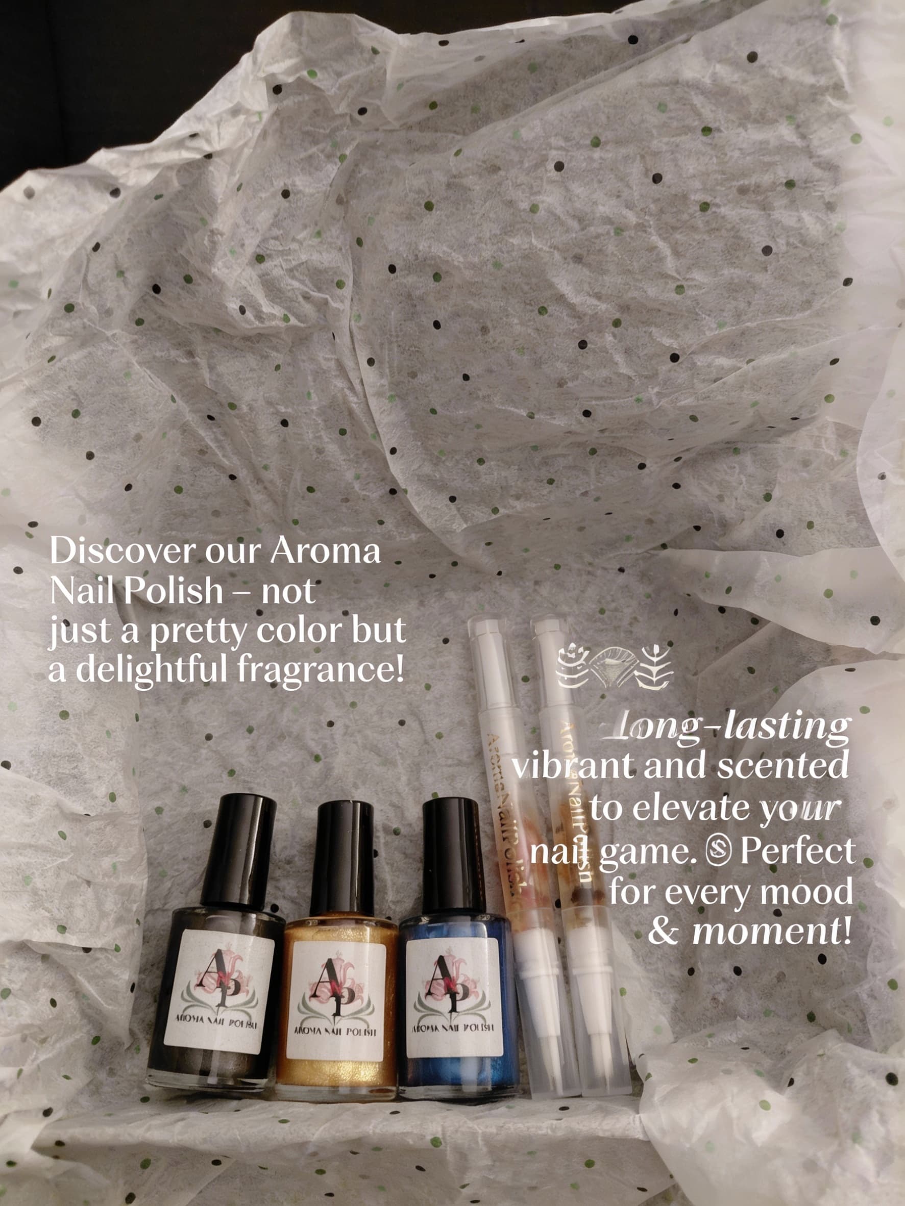 AI generated: Discover our Aroma Nail Polish – not just a pretty color but a delightful fragrance! 💅🌸
Long-lasti...