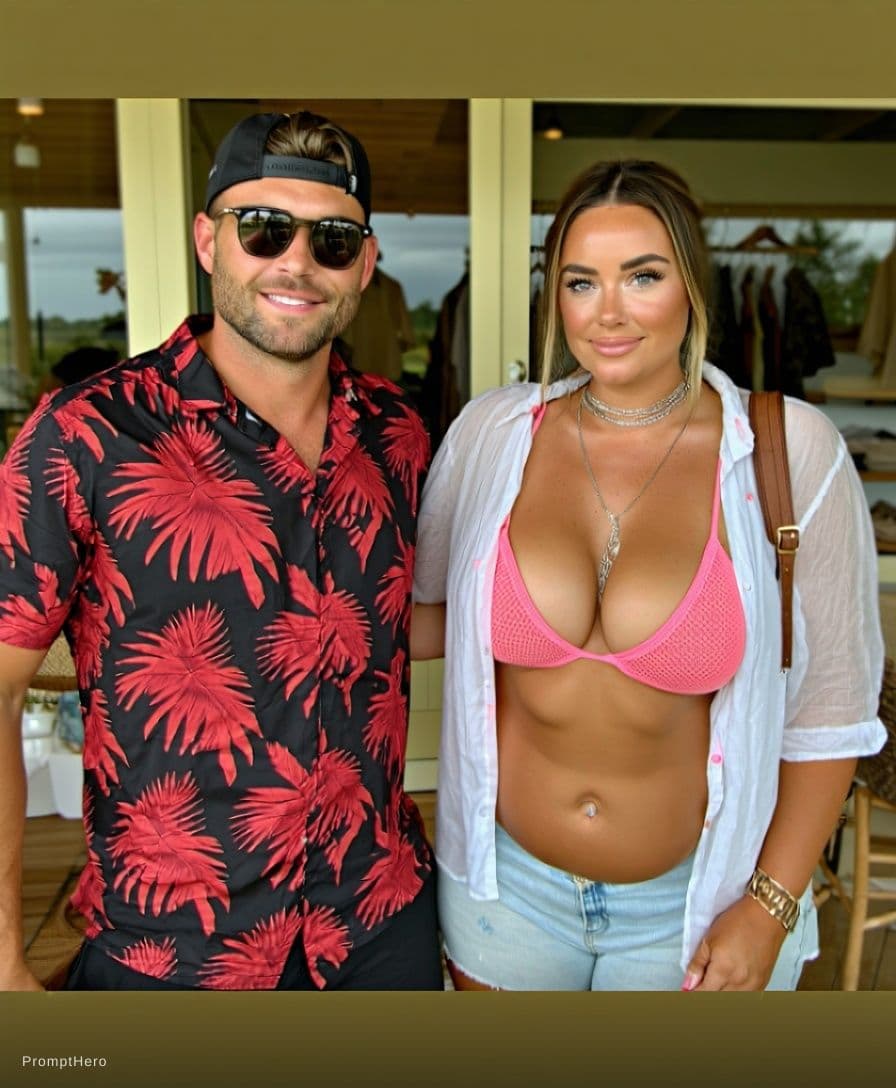 AI generated: Man in black short and girl in Gstrip sting bikini