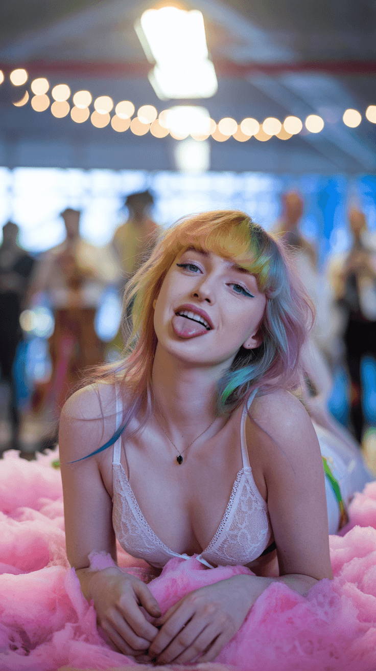 AI generated: A 19 yr old fashion model with multicolored rainbow hair, fair skin, and a subtle smile gazes direct...