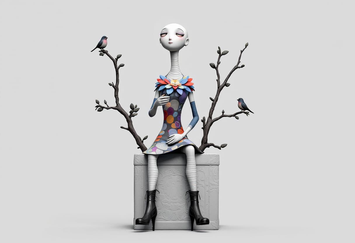 AI generated: 3D render of a whimsical sculpture of a seated figure with a stylized, artistic design. The figure i...