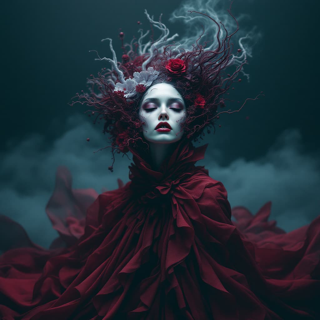 AI generated: Dreamlike surreal imagery, rich burgundy and deep blue, fantastical elements, bizarre scenes, sophis...