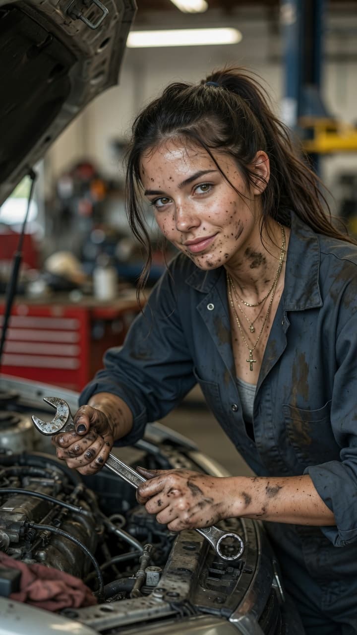 AI generated: Photorealistic portrait of a beautiful young woman mechanic with long dark hair in a messy ponytail,...
