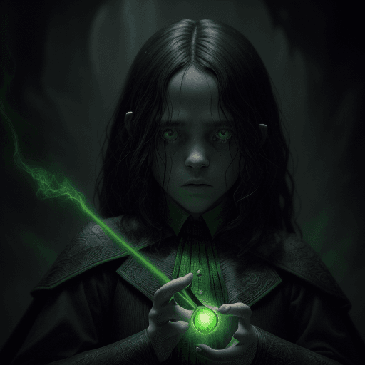 AI generated: A 12-year-old wizard who is head of Slytherin house and radiates a black aura on her left and a gree...