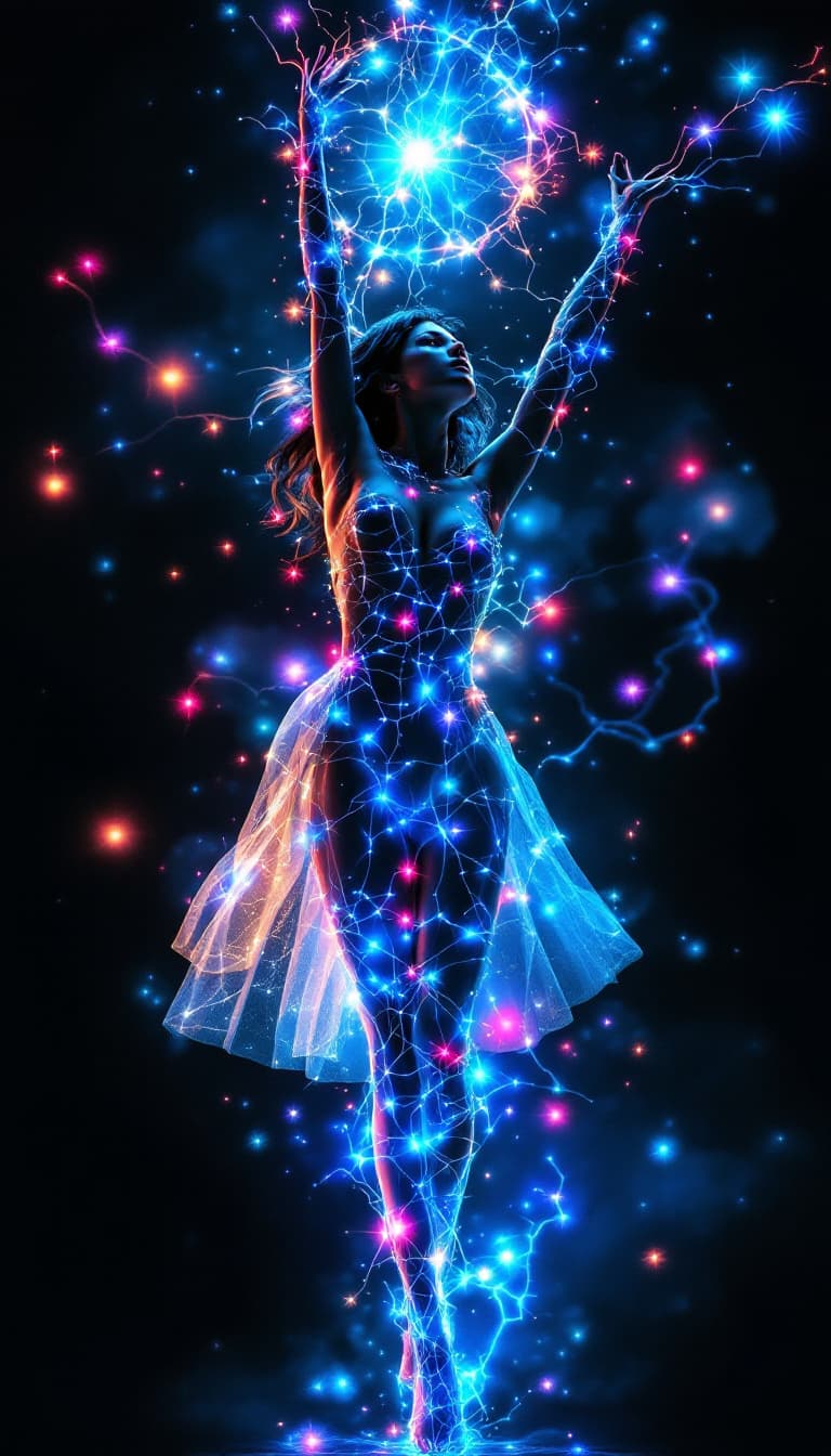 AI generated: A poised 19 year old girl, ascends elegantly on the tips of her toes, her arms stretching skyward as...