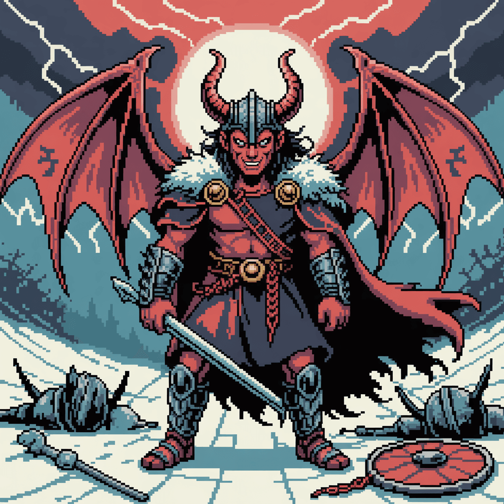 AI generated: "Pixart style illustration of Satan from Devilman, reimagined with Norse mythology elements: wearing...
