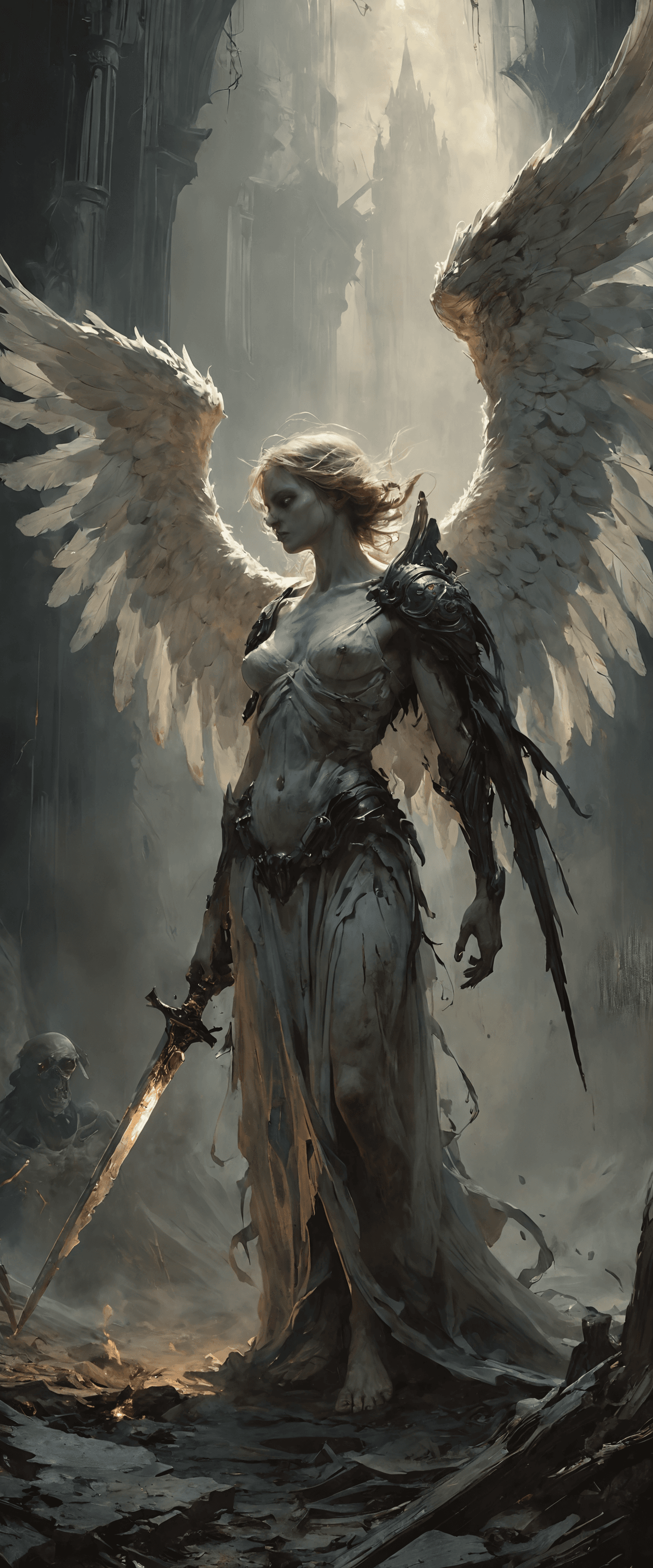 AI generated: A dark and macabre 9 by 21 portrait depicting a side-view of a twisted, abominable angel, wielding a...