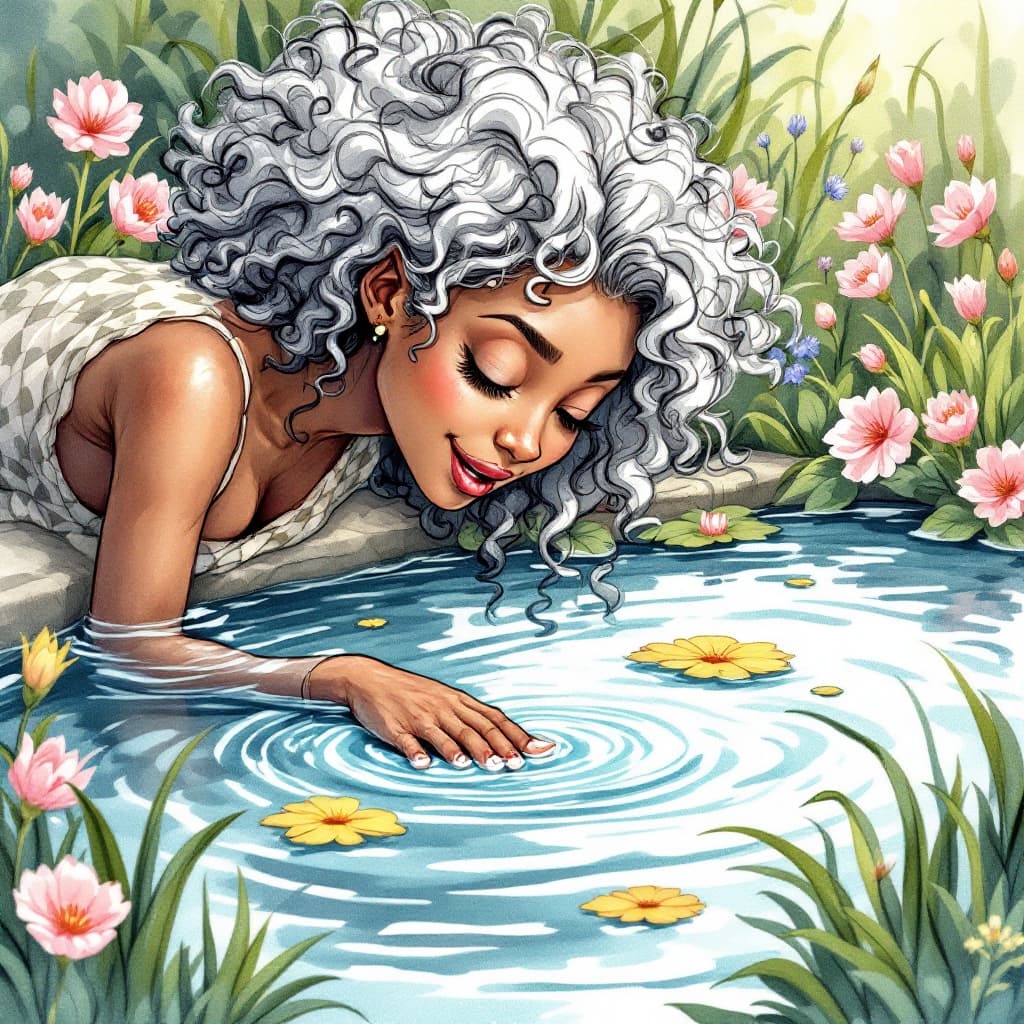 AI generated: A whimsical older dark brown-skinned woman with messy, grey curly hair, dipping her toe into a seren...