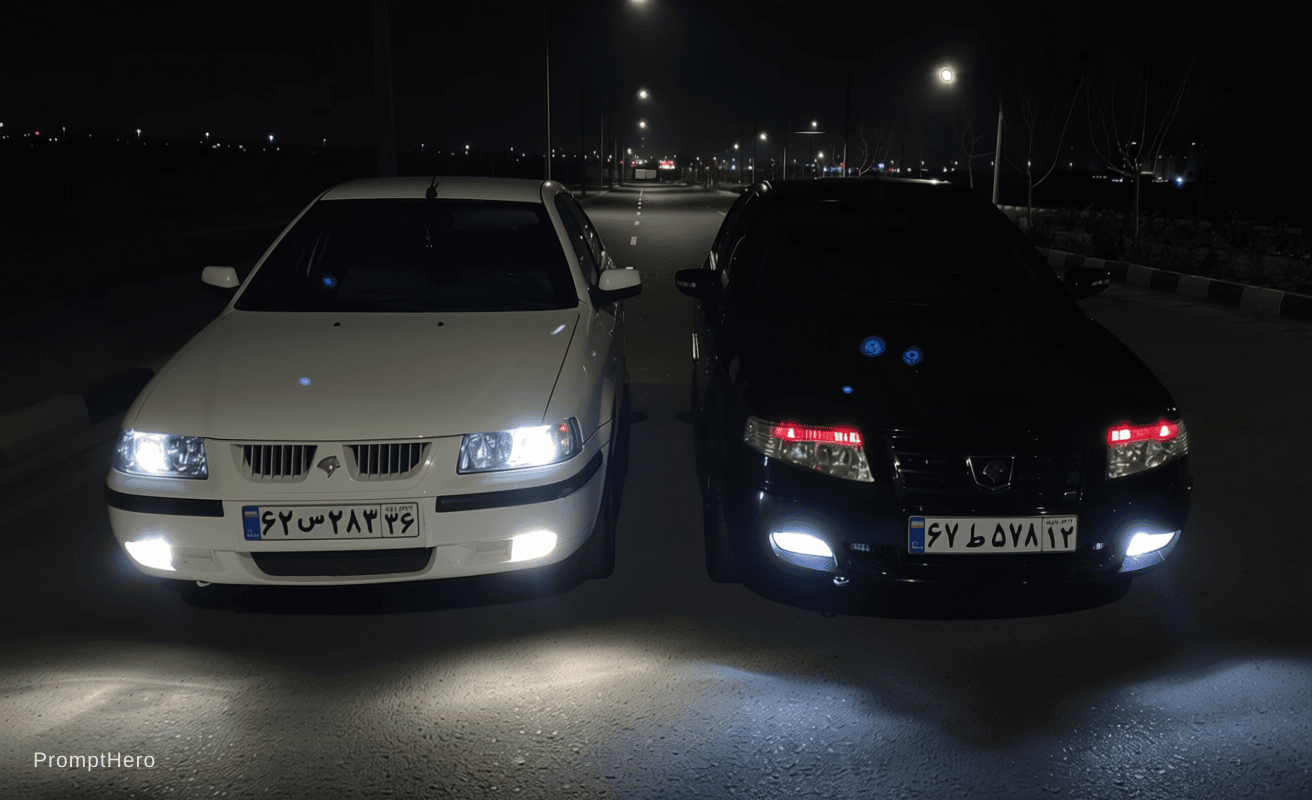 AI generated: Ultra cinematic luxury night car photography, two sedans parked side by side on an empty urban stree...