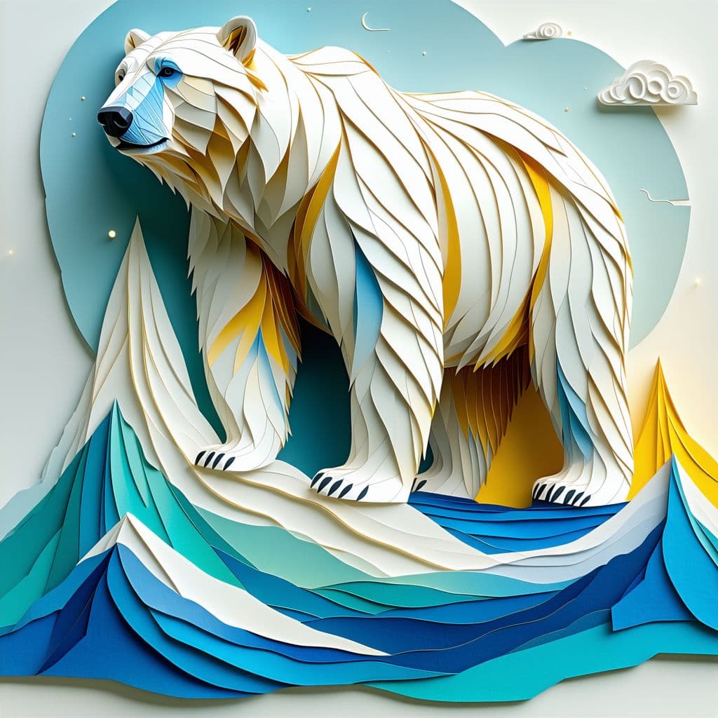 AI generated: rendering, isometric beautiful polar bear, paper work for a tactile style, select a color palette wi...