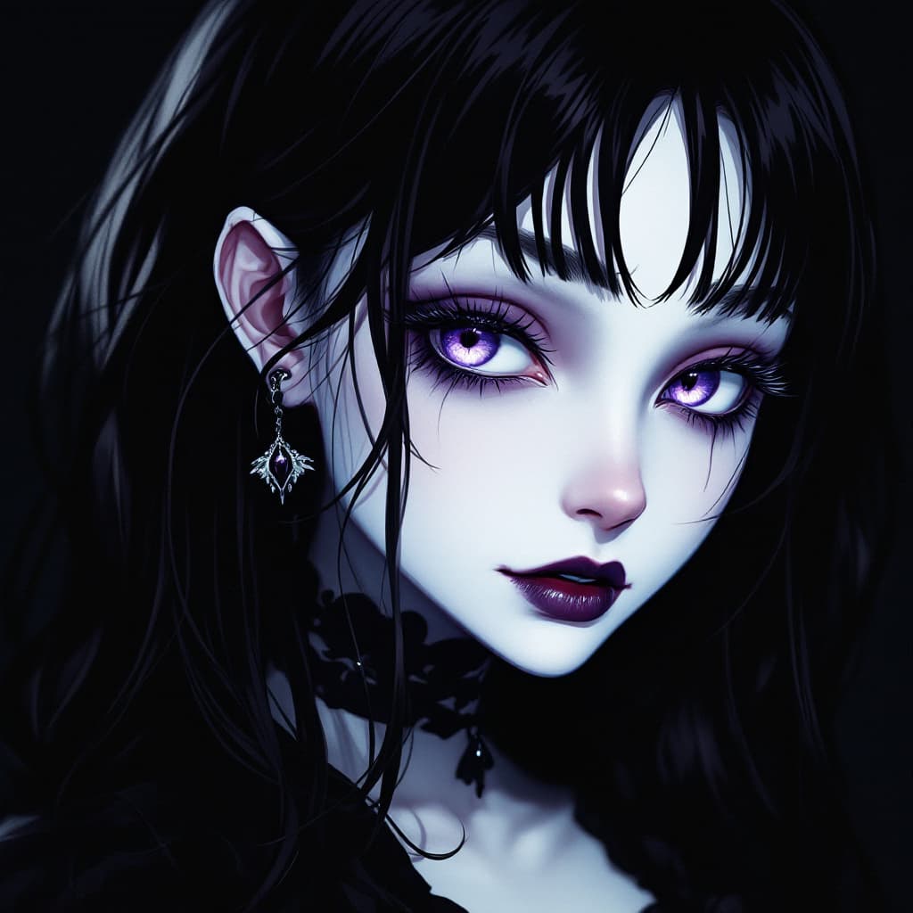 AI generated: gothic anime style,a Girl is cold and arrogant,pale skin, white makeup,purple eyes, black hair, Dark...