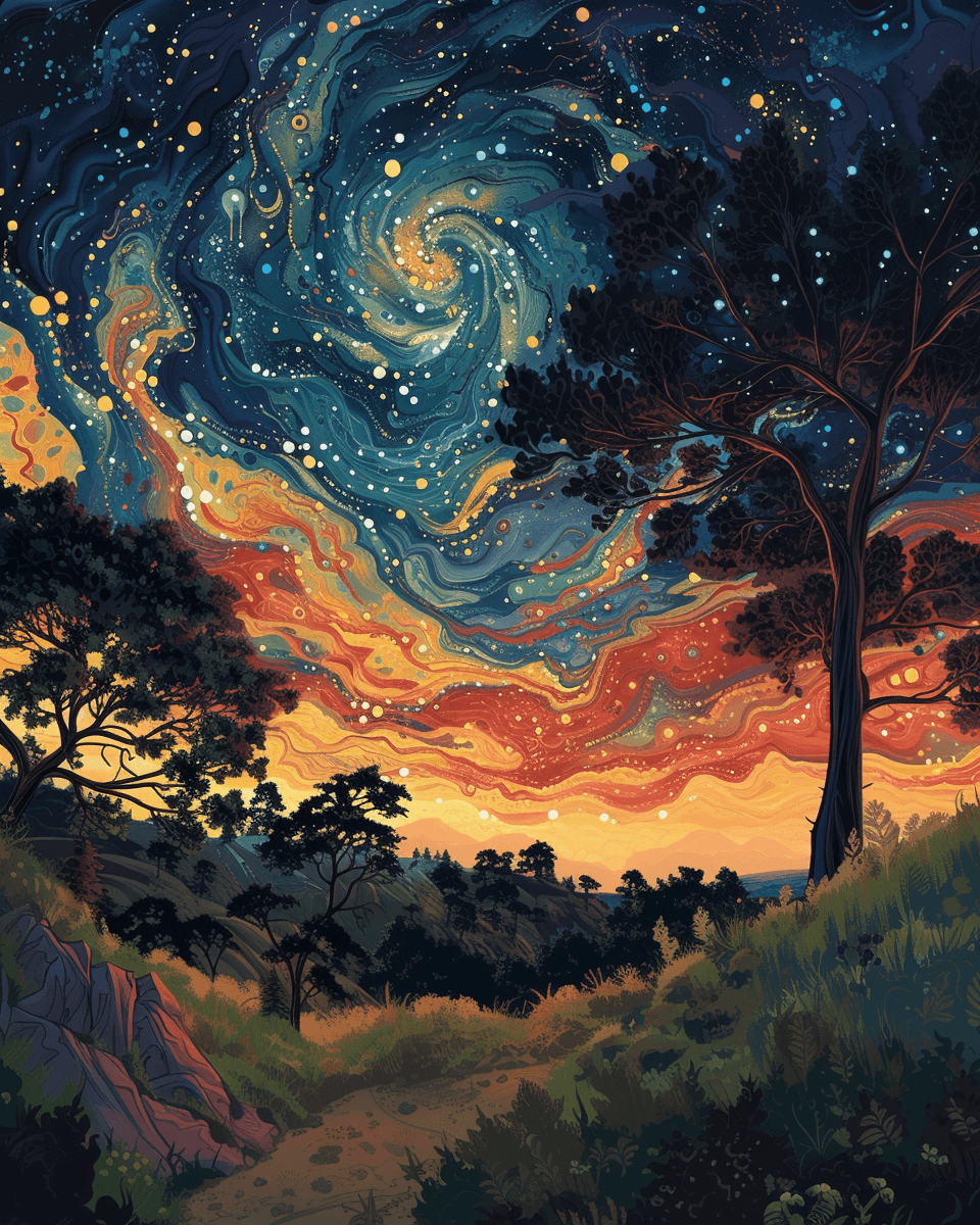 AI generated: an evening sky with stars and trees behind it, in the style of intricate psychedelic landscapes, mar...