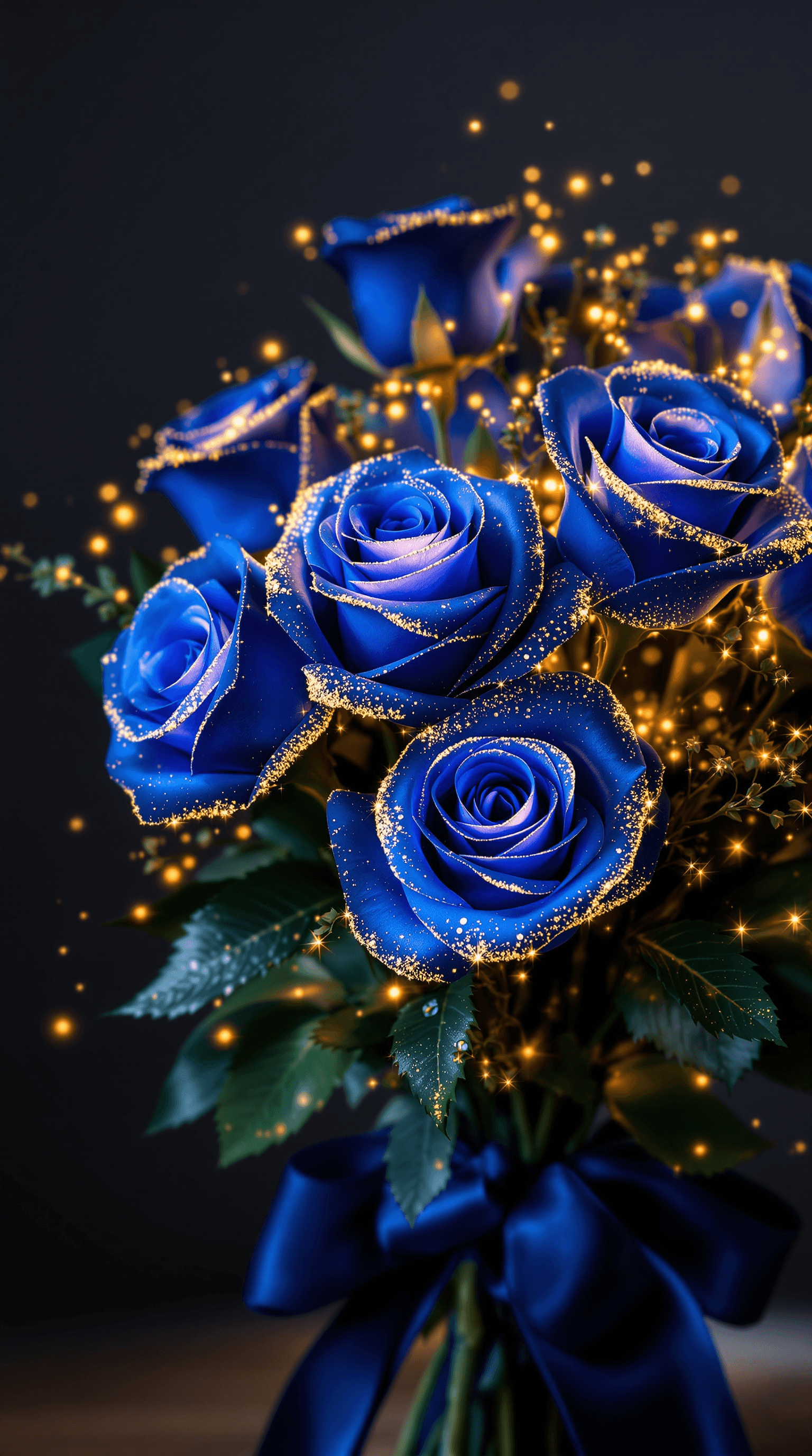 AI generated: (Ultra-high resolution, Hyper-detailed:1.5) A luxurious bouquet of roses featuring vibrant, deep blu...