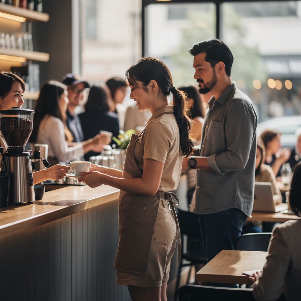 AI generated: A woman stands, dressed in a hotter outfit, wearing shorts, serving a customer behind the counter. A...