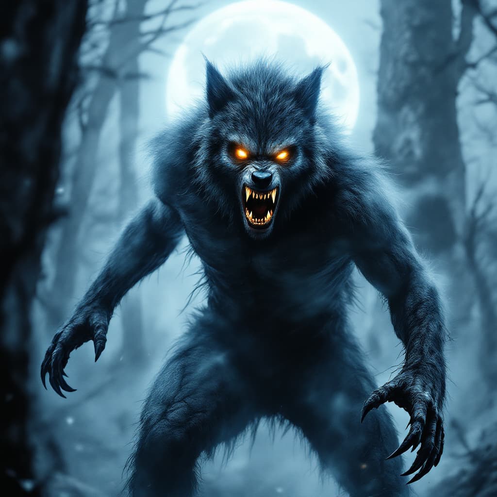 AI generated: Create a double-exposure image capturing the terrifying transformation of a werewolf mid-change, ble...