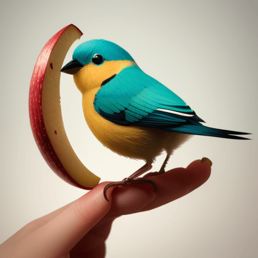 AI generated: a little bird made of a fresh apple that has been cut open, photo-realistic techniques --ar 2:3 --st...