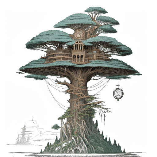 AI generated: A huge tree growing on the floating island.no leaf.island in the air,Coloring bookprint,Steampunk,me...
