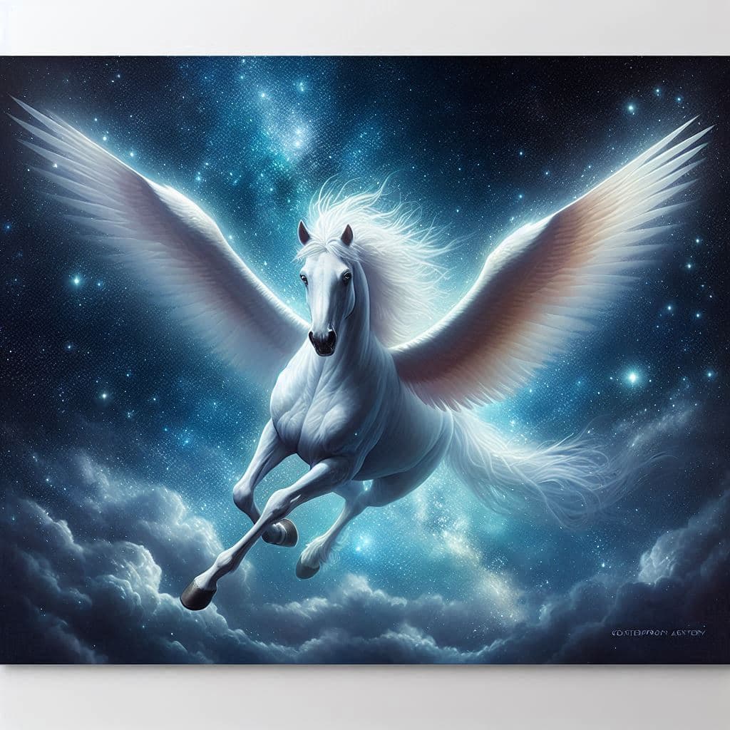 AI generated: Against a starlit sky, the Burak—a powerful male winged white horse—soars with ethereal speed and gr...