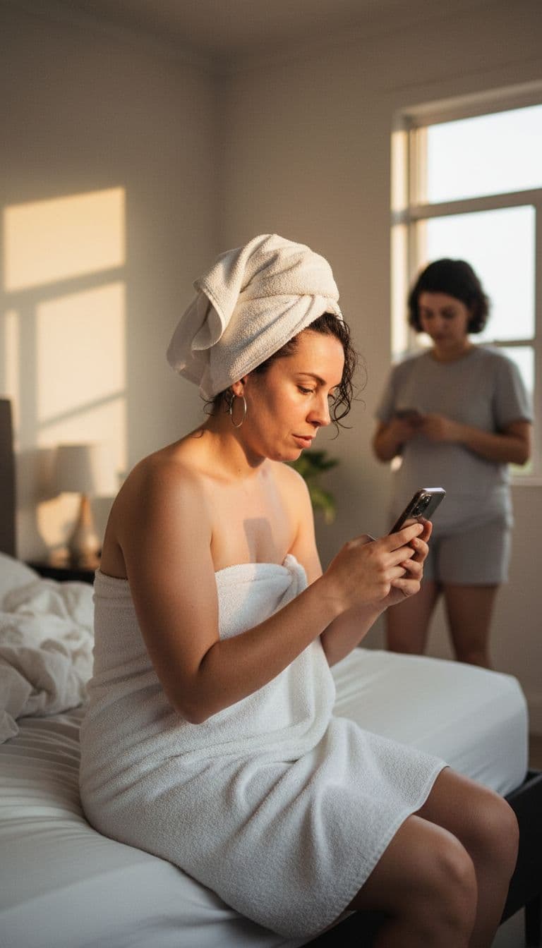 AI generated: The uploaded woman stiing on the edge of the bed, wearing just a white bath towel, after having a sh...