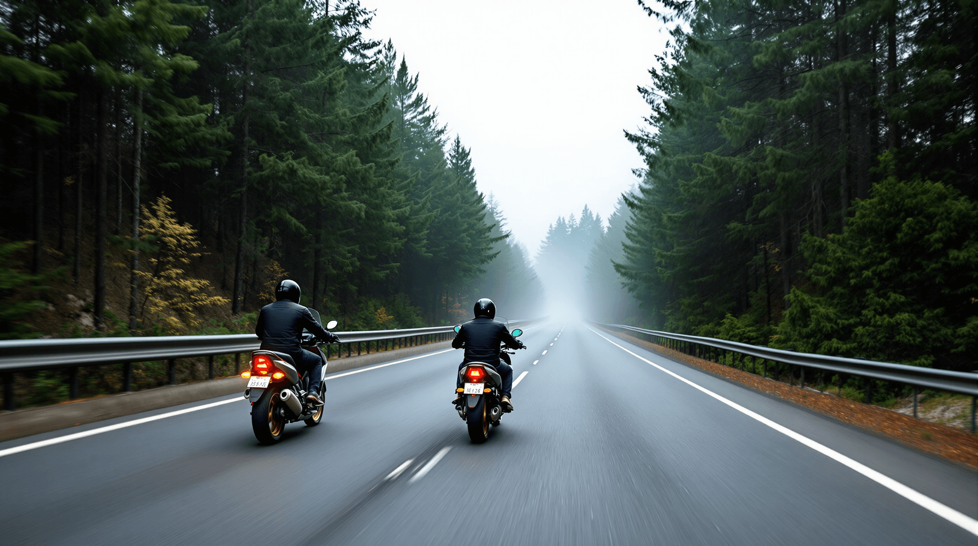 AI generated: Imagine: two motorcycles are driving on a highway, their  surroundings are a deep forest of pinetree...