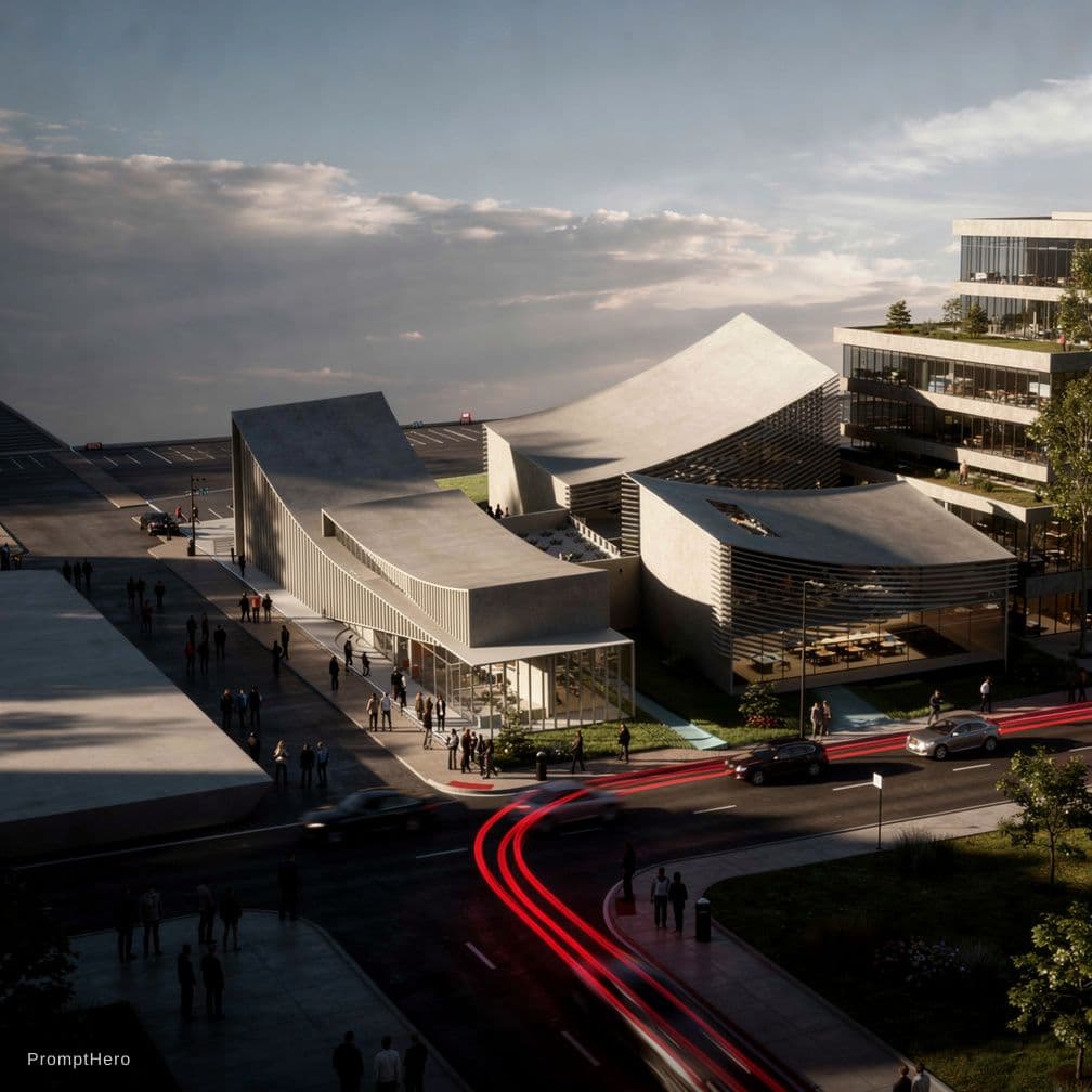 AI generated: photorealistic, canon EOS 5d, minimalistic medium scale office building, curved, geometric shaped ou...