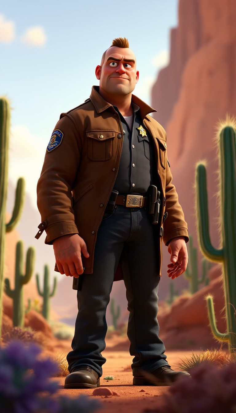 AI generated: A Disney-Pixar-style animated character of Hank Schrader, wearing a brown jacket with a visible poli...