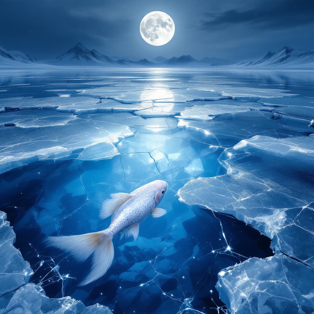 AI generated: looking straight  down on a highly reflective ice on lake which greatly fractured showing the full m...