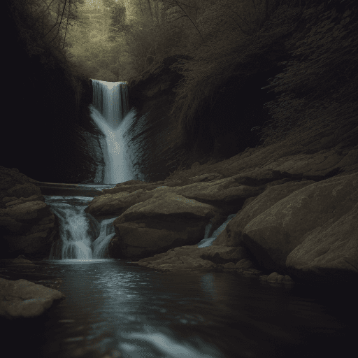 AI generated: RAW photo of a mountain creek landscape, dark water, swimming hole at bottom of 105 foot waterfall t...