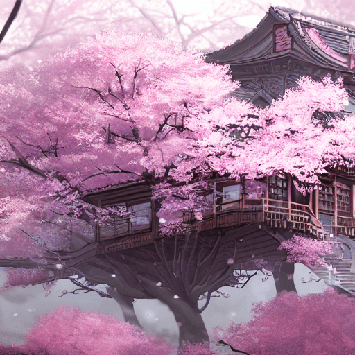 AI generated: THE CHERRY BLOSSOM TREE HOUSE :: beautiful ornate treehouse in a gigantic pink cherry blossom tree :...